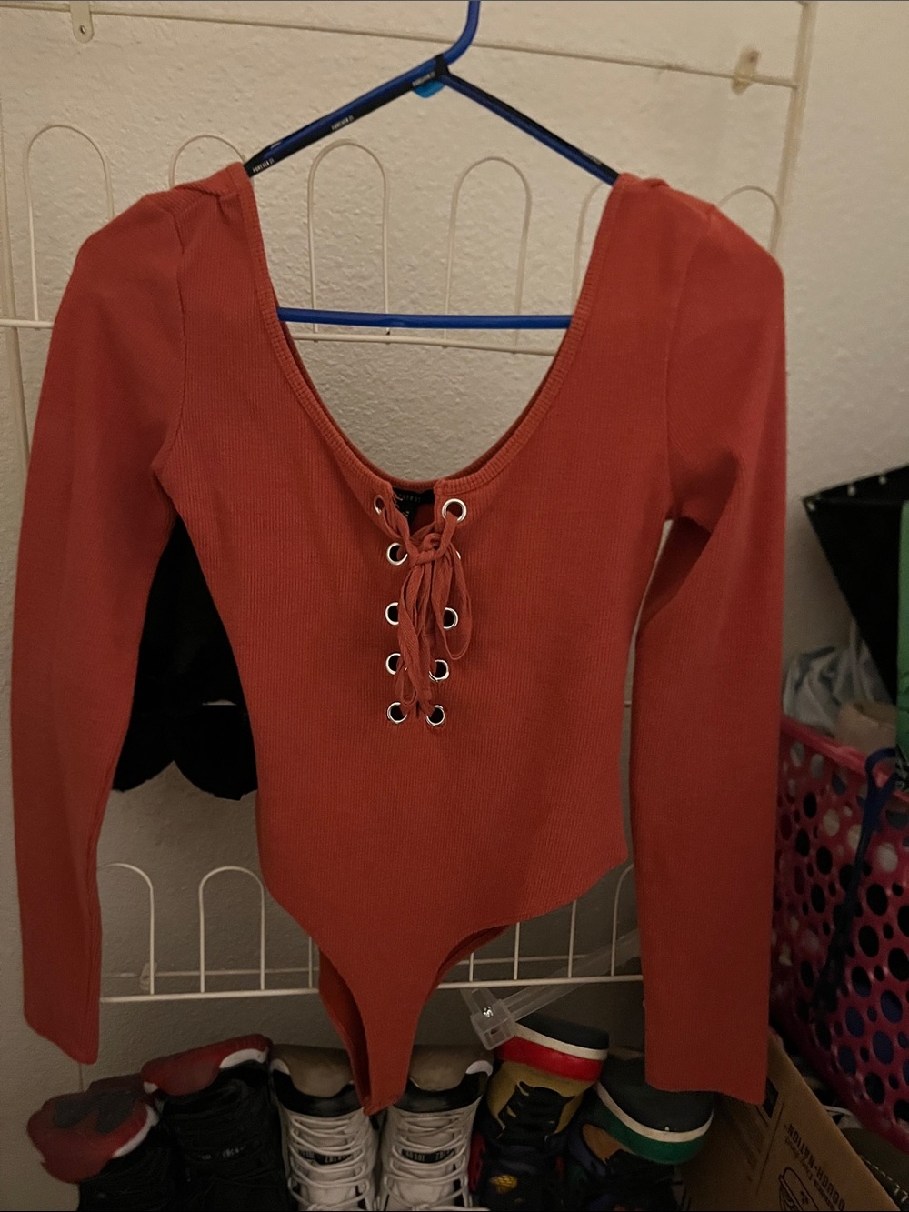 Rust Lace-Up Ribbed Long Sleeve Bodysuit